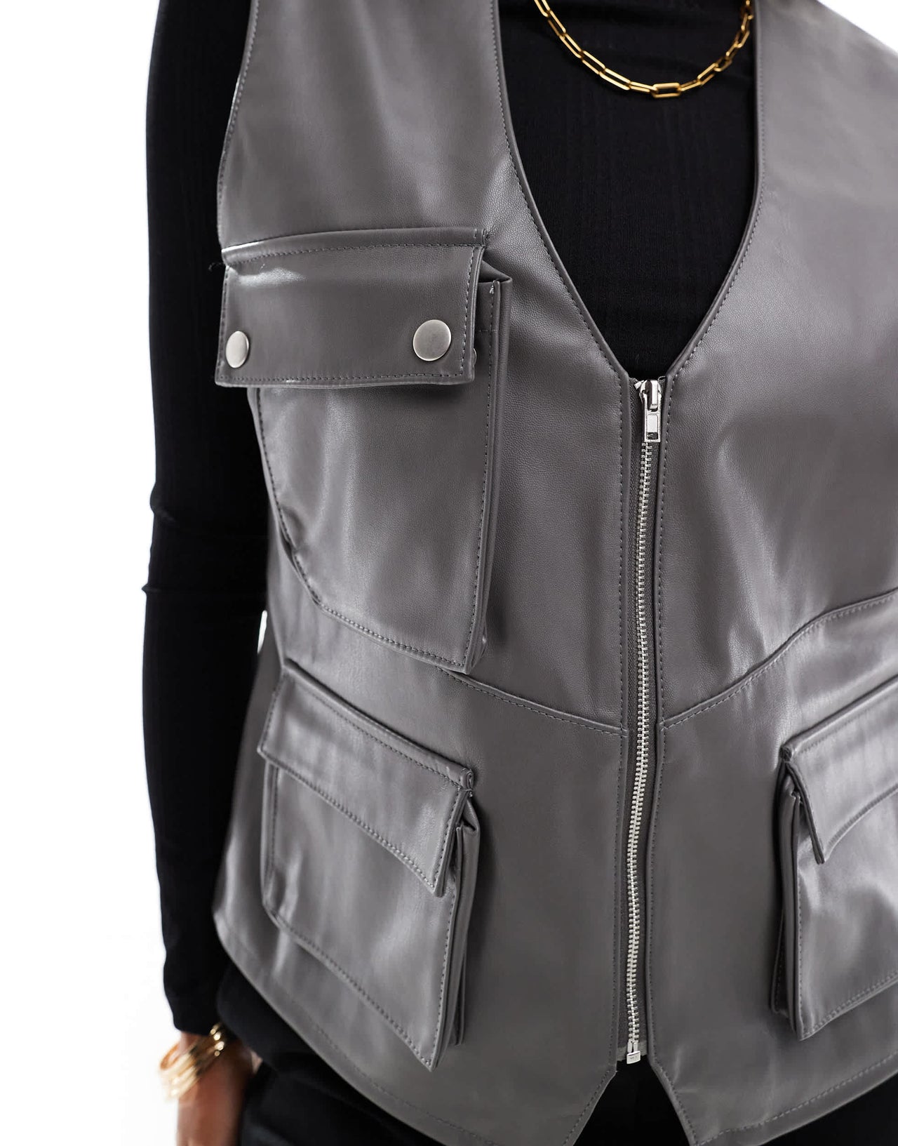 ASOS DESIGN faux leather utility pocket detail gilet in grey