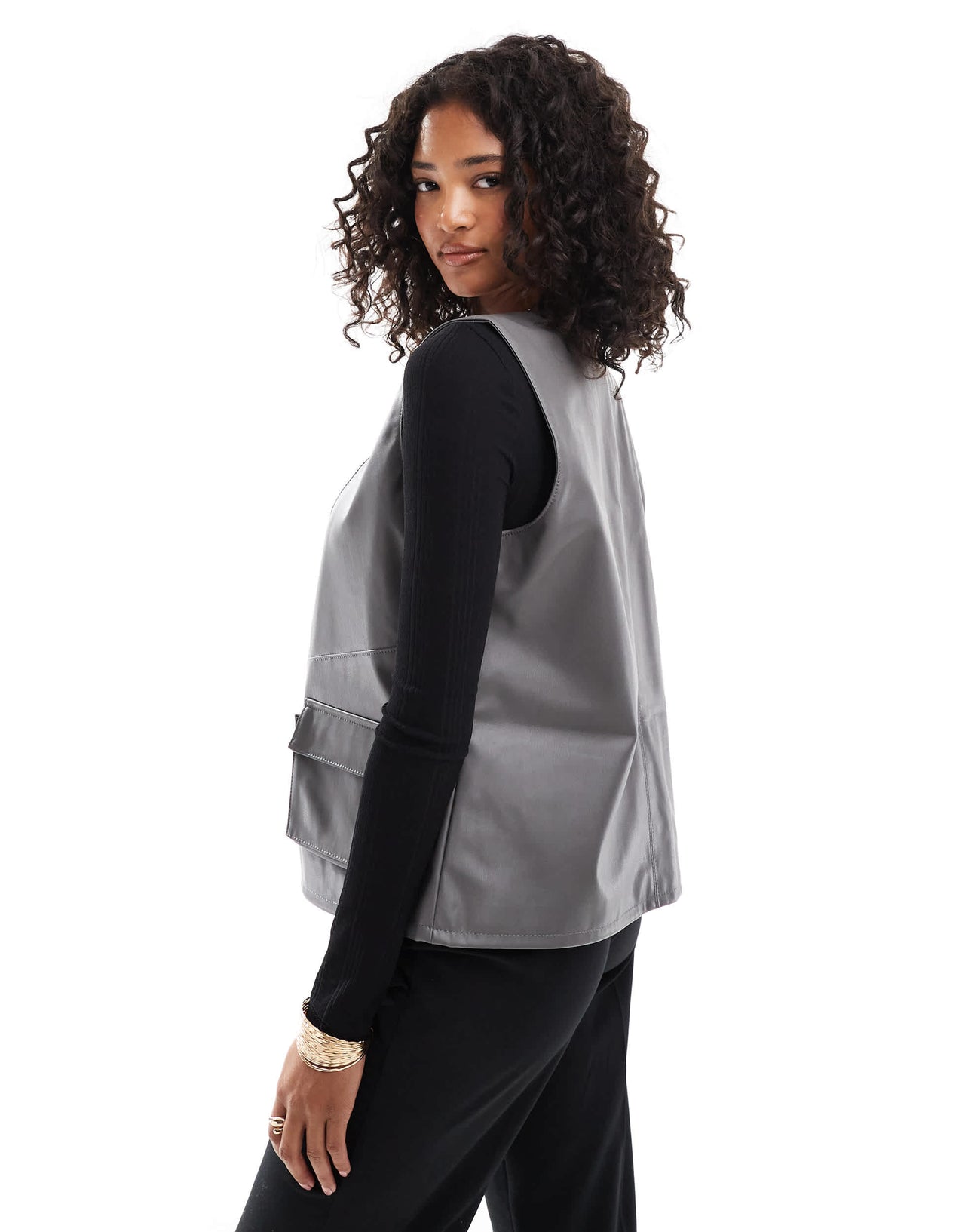 ASOS DESIGN faux leather utility pocket detail gilet in grey