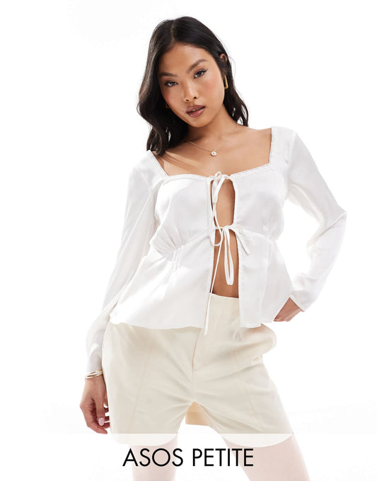 ASOS DESIGN Petite lace trim tie front satin babydoll top in white
