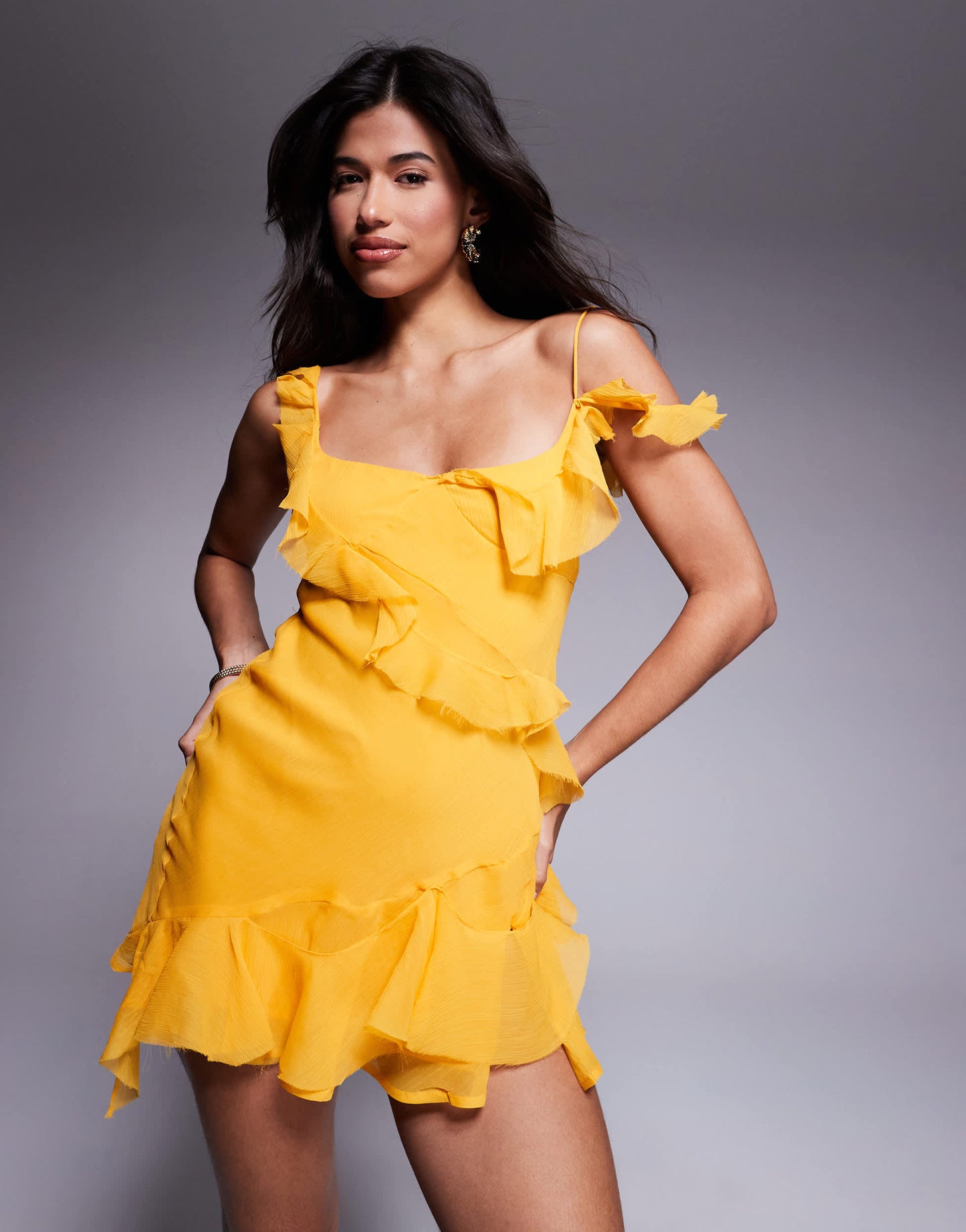ASOS DESIGN raw edge frill mini dress with tie back in yellow
