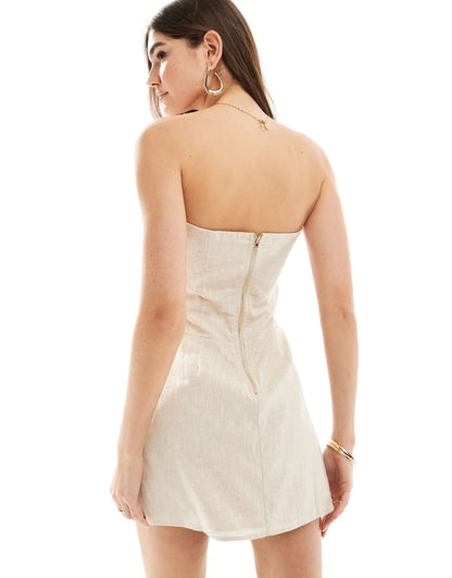 SNDYS linen bandeau ruched detail mini dress in stone