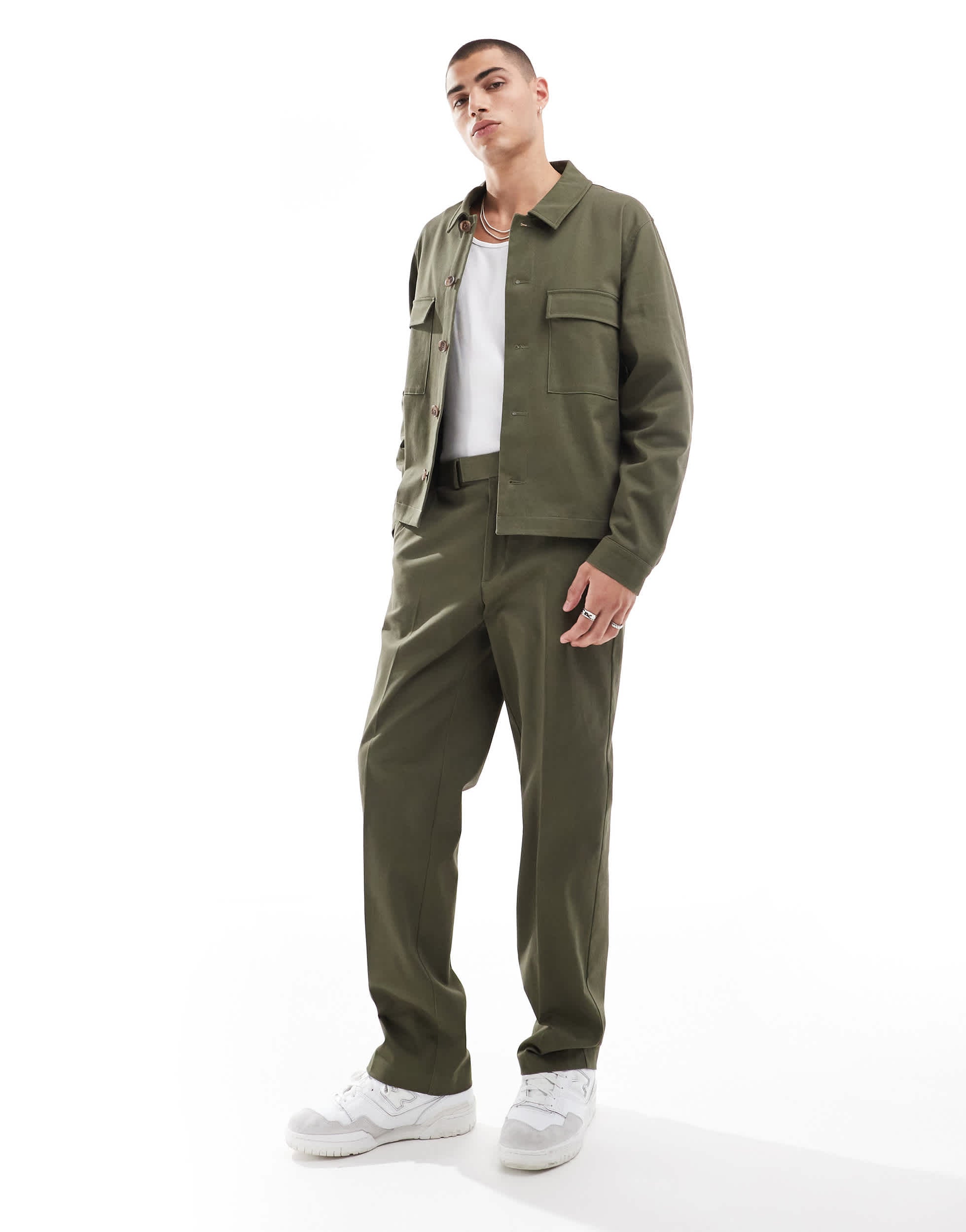 ASOS DESIGN smart co-ord straight leg trousers in khaki with elasticated waist