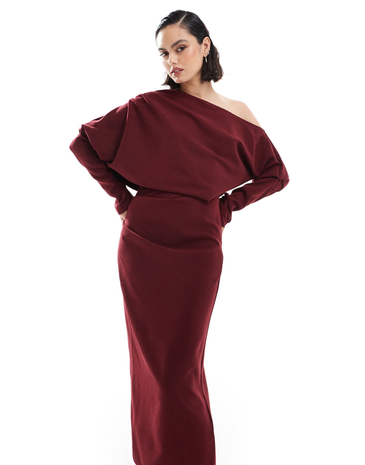 ASOS DESIGN slouchy fallen shoulder midi dress in burgundy