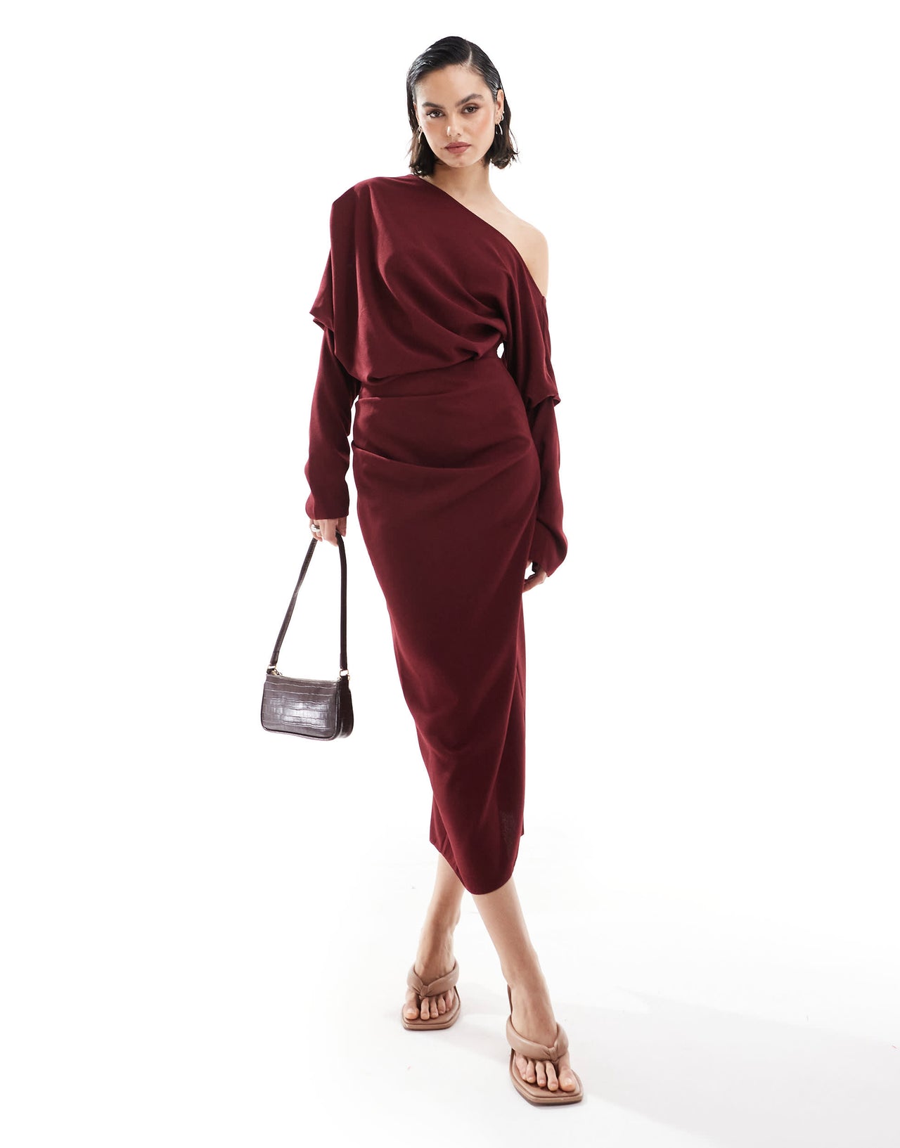 ASOS DESIGN slouchy fallen shoulder midi dress in burgundy