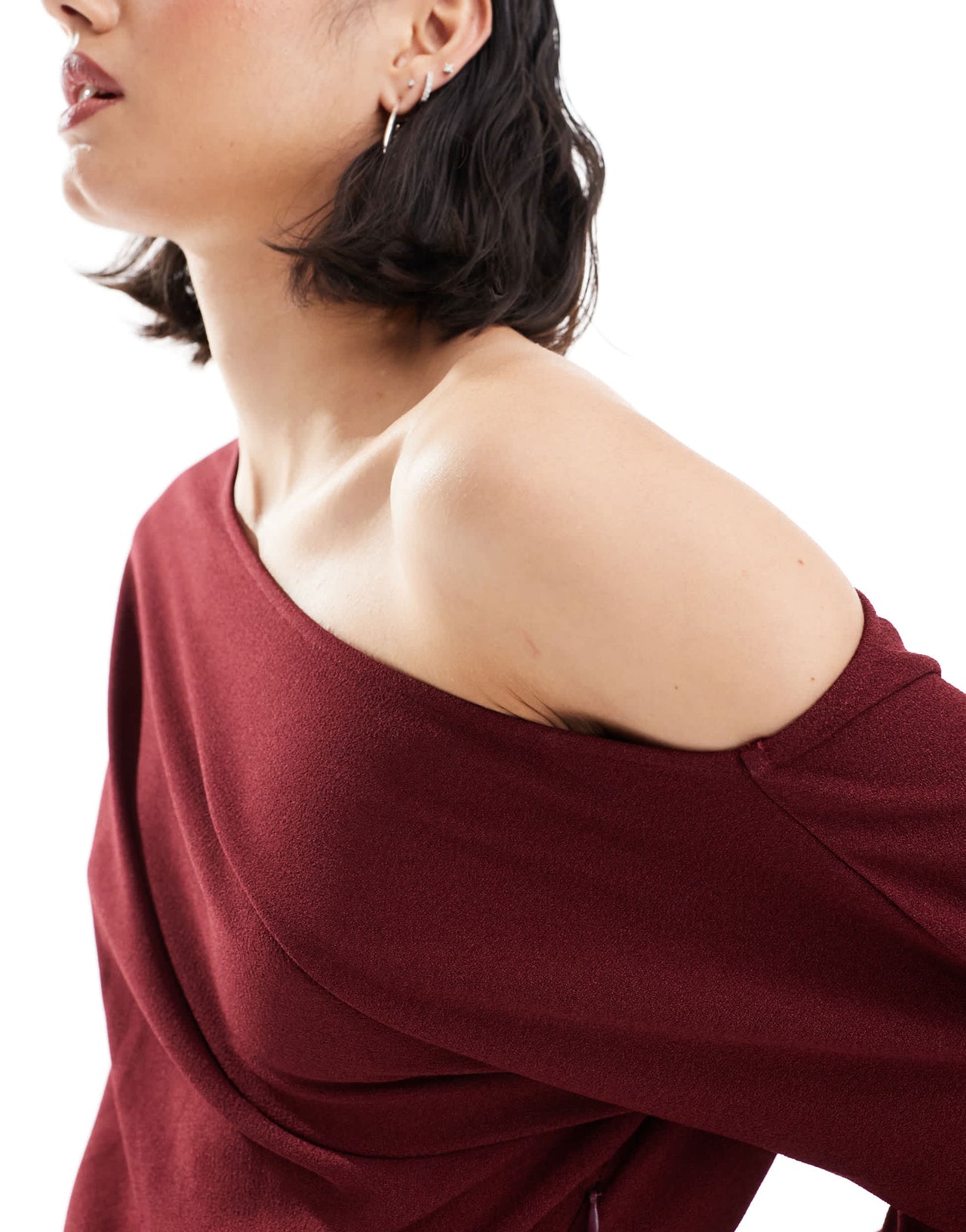 ASOS DESIGN slouchy fallen shoulder midi dress in burgundy