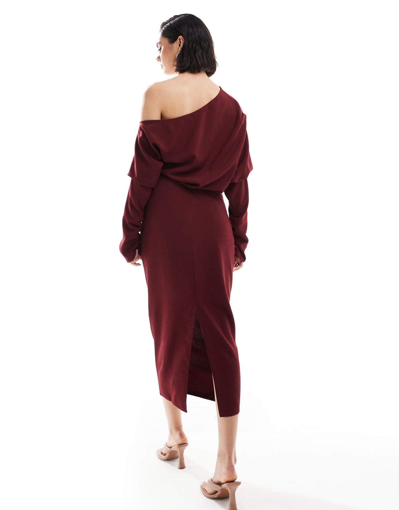 ASOS DESIGN slouchy fallen shoulder midi dress in burgundy