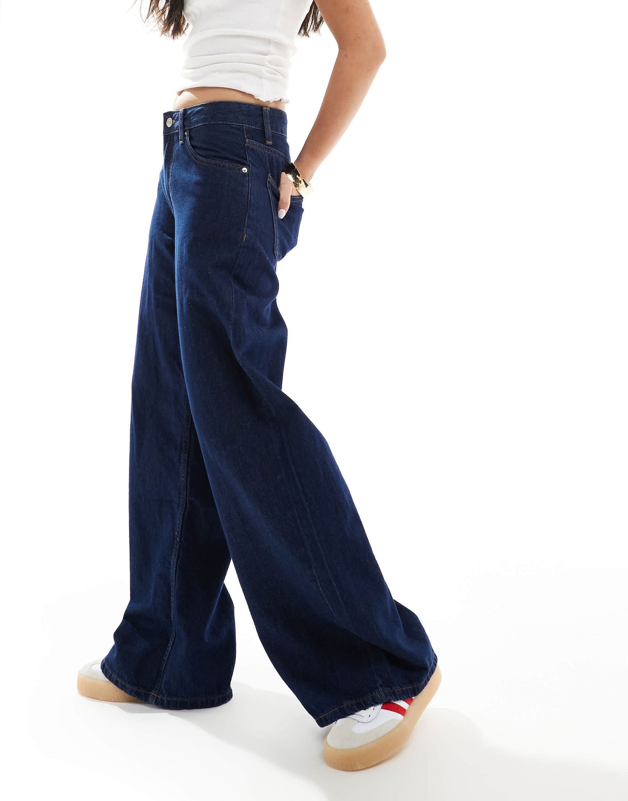 Bershka high waisted wide leg jeans in authentic indigo wash