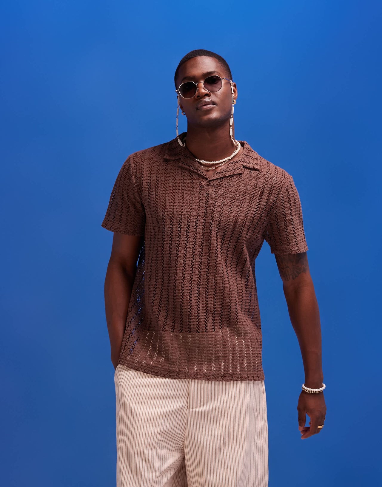 ASOS DESIGN polo in brown crochet fabric