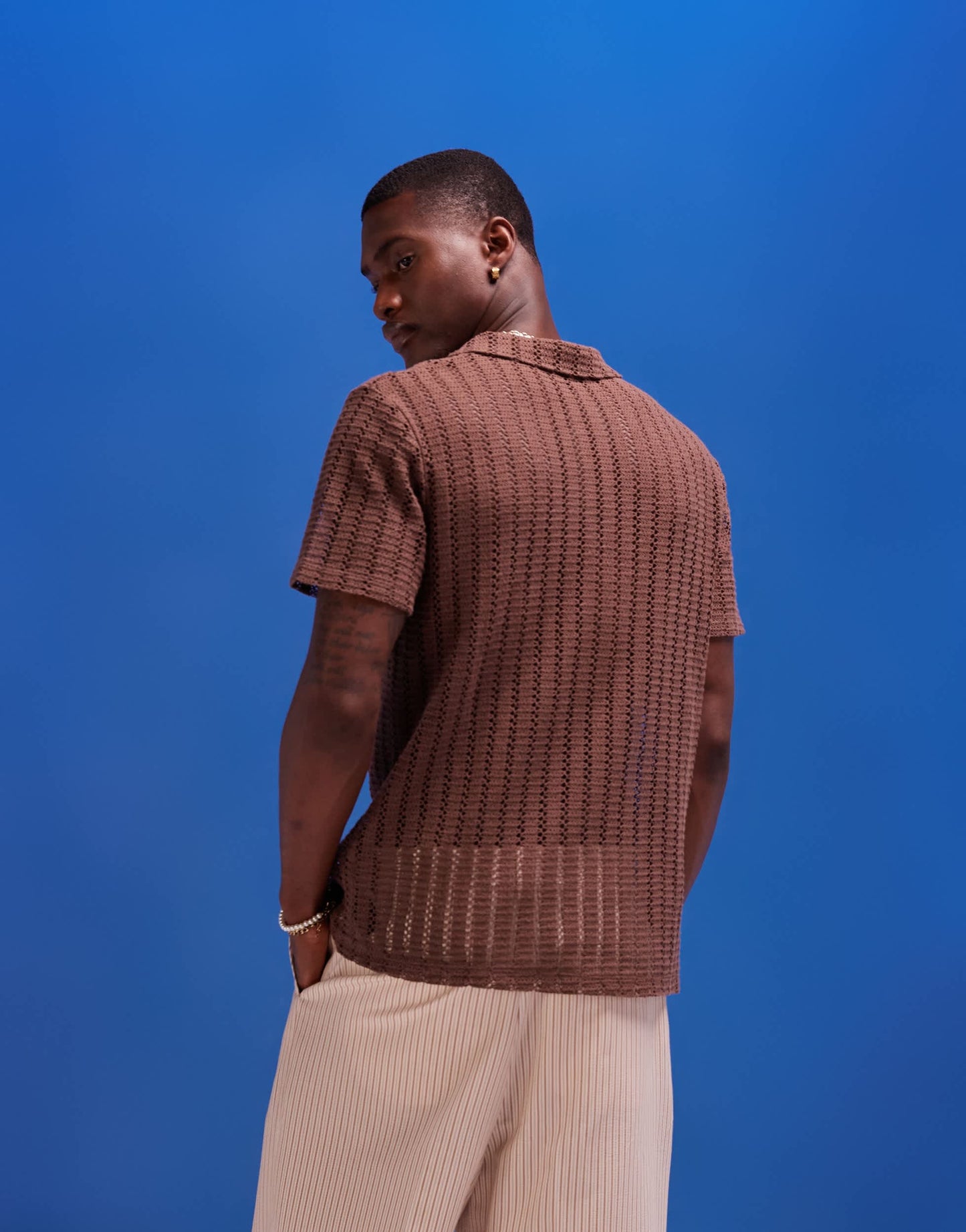 ASOS DESIGN polo in brown crochet fabric