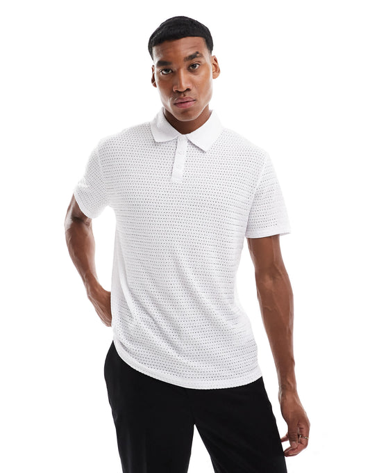 ASOS DESIGN polo in white crochet texture