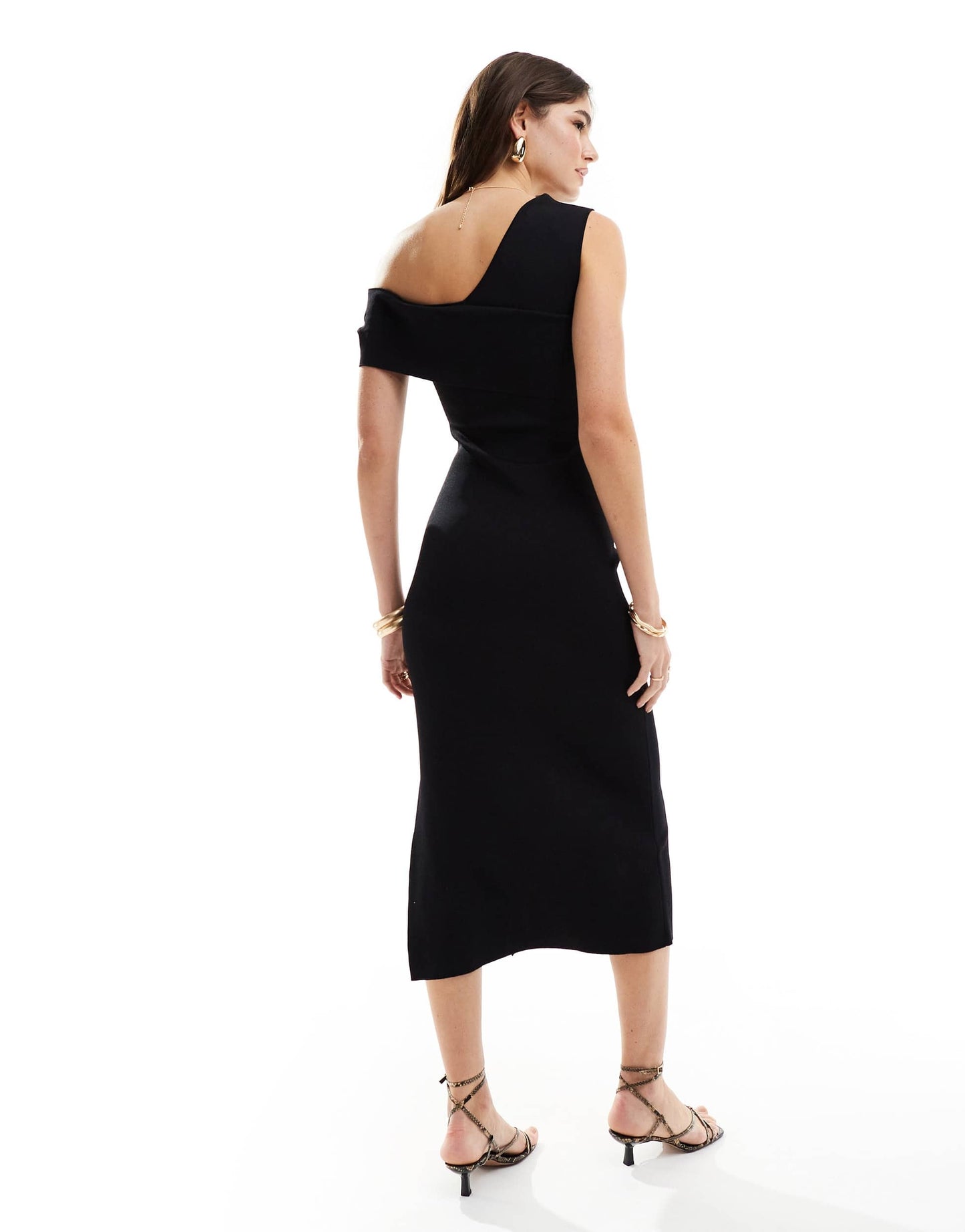 & Other Stories knitted midi dress with asymmetric off-shoulder detail in black