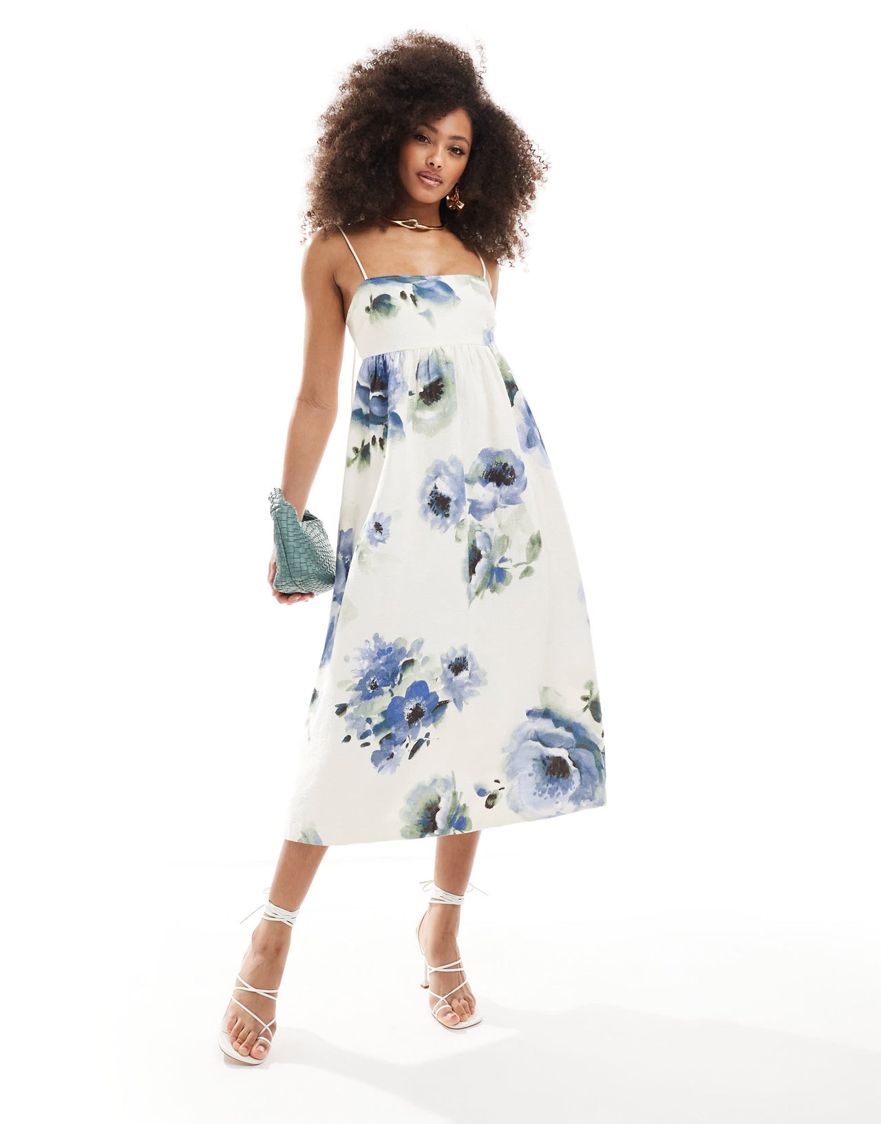 & Other Stories midi dress with spaghetti ties and open back in jacquard large floral print
