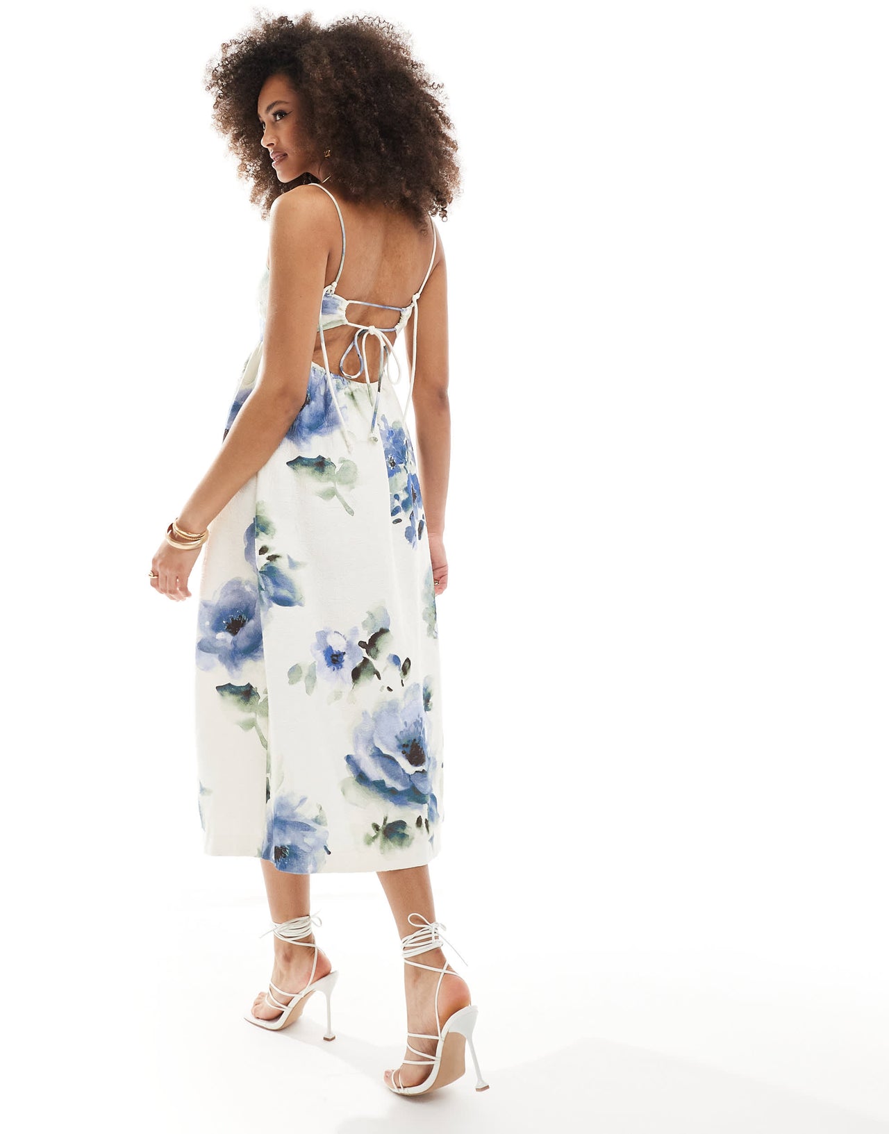 & Other Stories midi dress with spaghetti ties and open back in jacquard large floral print