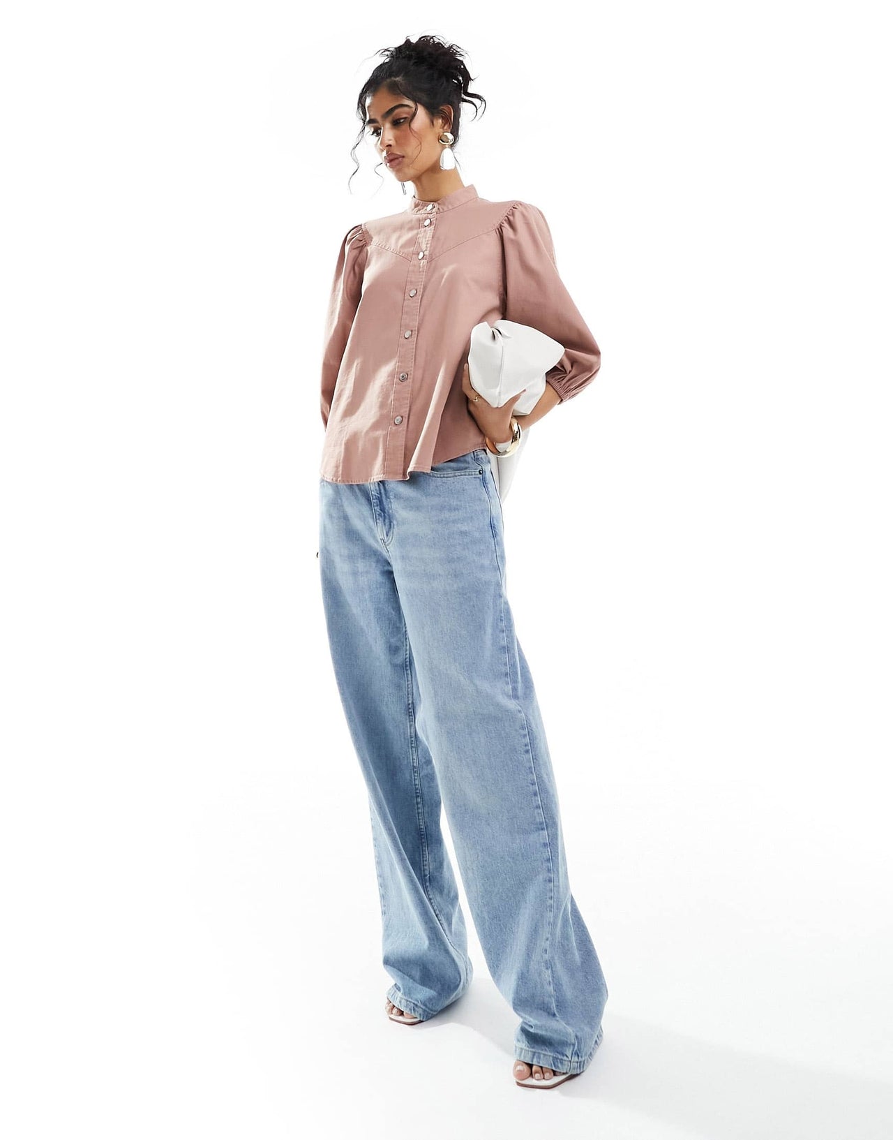 & Other Stories high neck blouse with volume sleeves in washed  pink