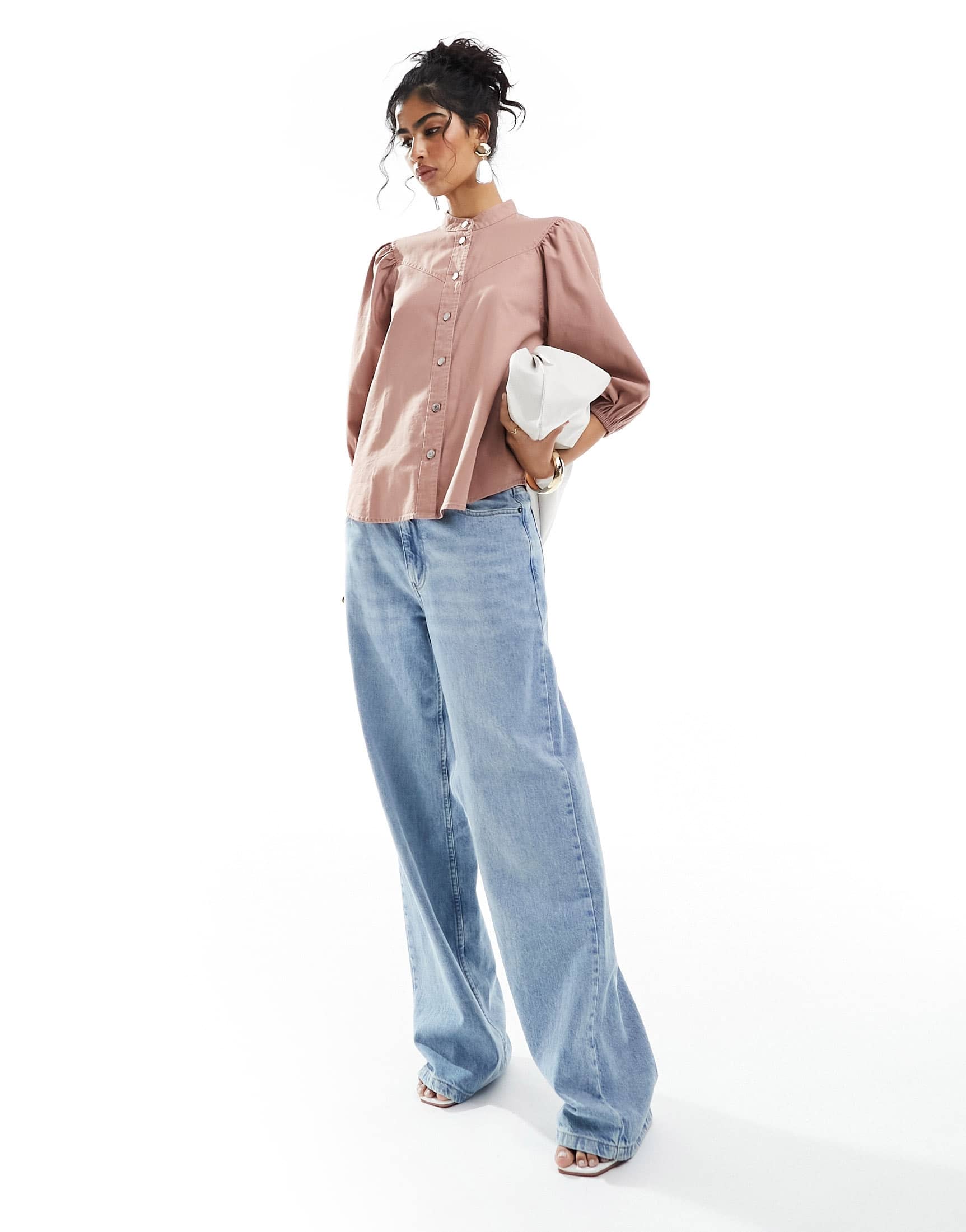 & Other Stories high neck blouse with volume sleeves in washed  pink