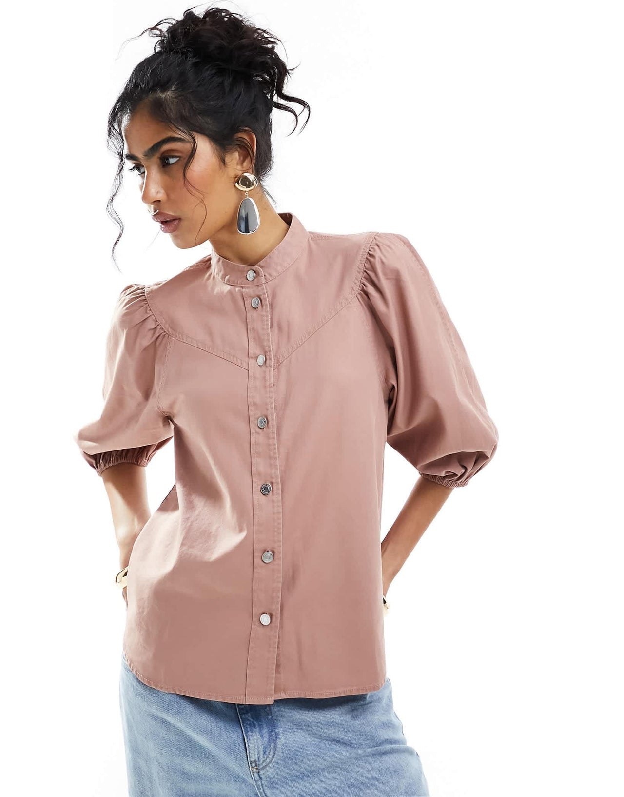 & Other Stories high neck blouse with volume sleeves in washed  pink