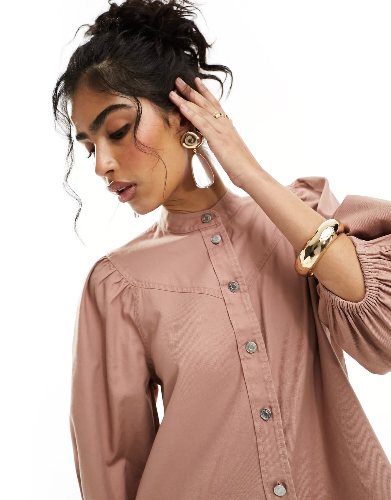 & Other Stories high neck blouse with volume sleeves in washed  pink