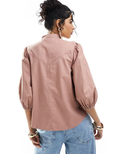 & Other Stories high neck blouse with volume sleeves in washed  pink