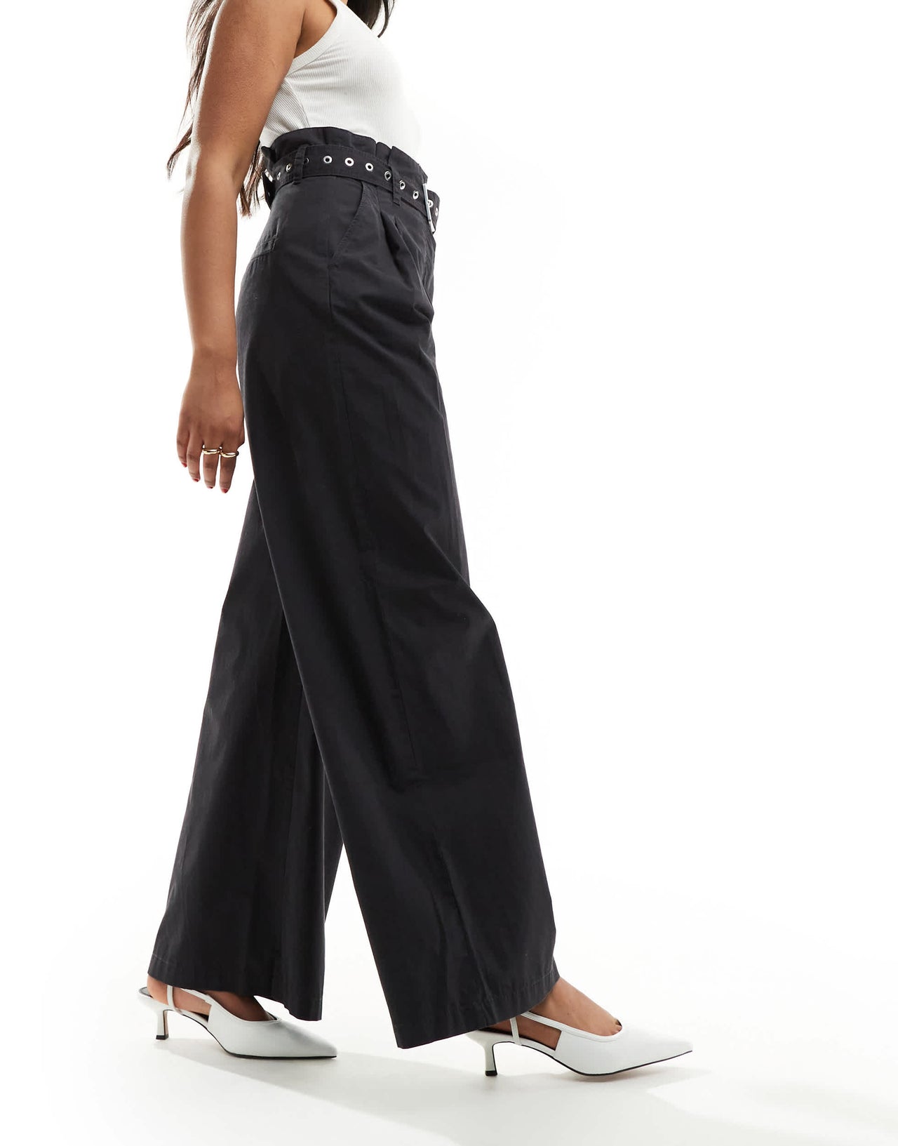 & Other Stories wide leg trousers with utility eyelet belt in black