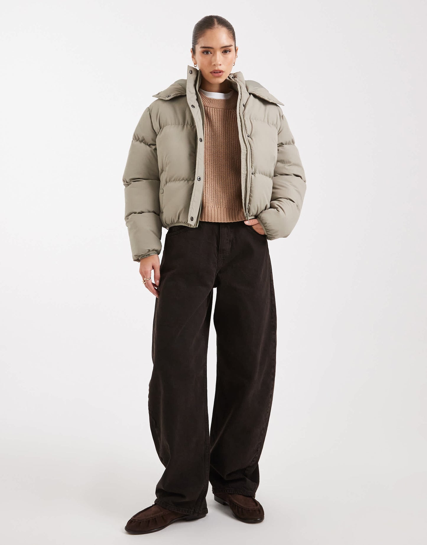 Brave Soul hooded cropped puffer jacket in sage green