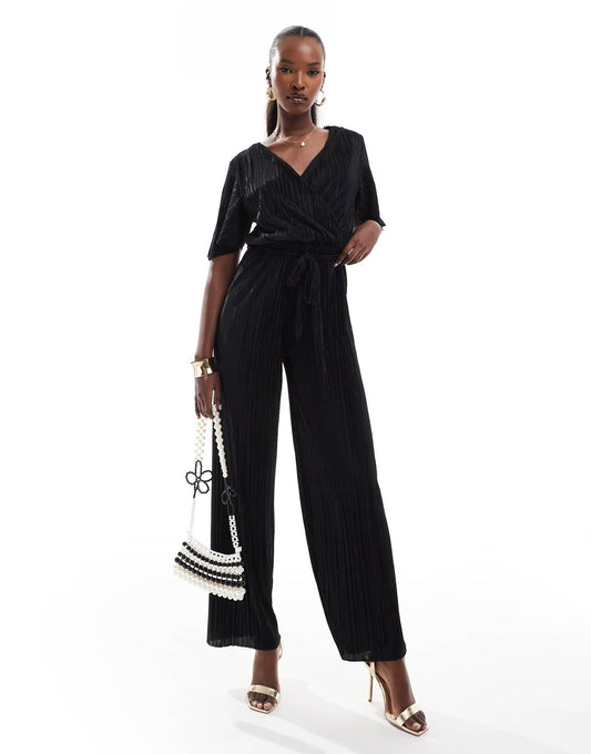 AX Paris short sleeve plisse wrap jumpsuit in black