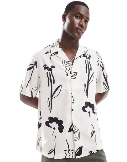 Selected oversized revere collar shirt with art print in white