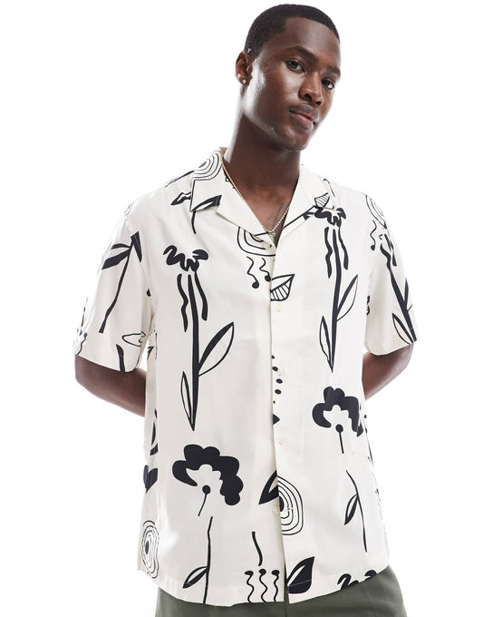 Selected oversized revere collar shirt with art print in white