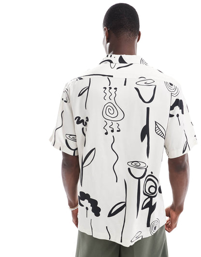 Selected oversized revere collar shirt with art print in white