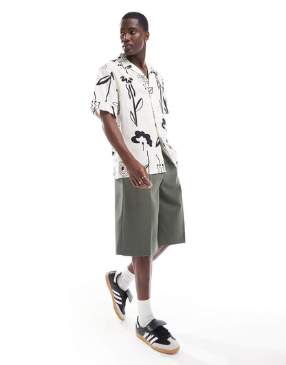 Selected oversized revere collar shirt with art print in white
