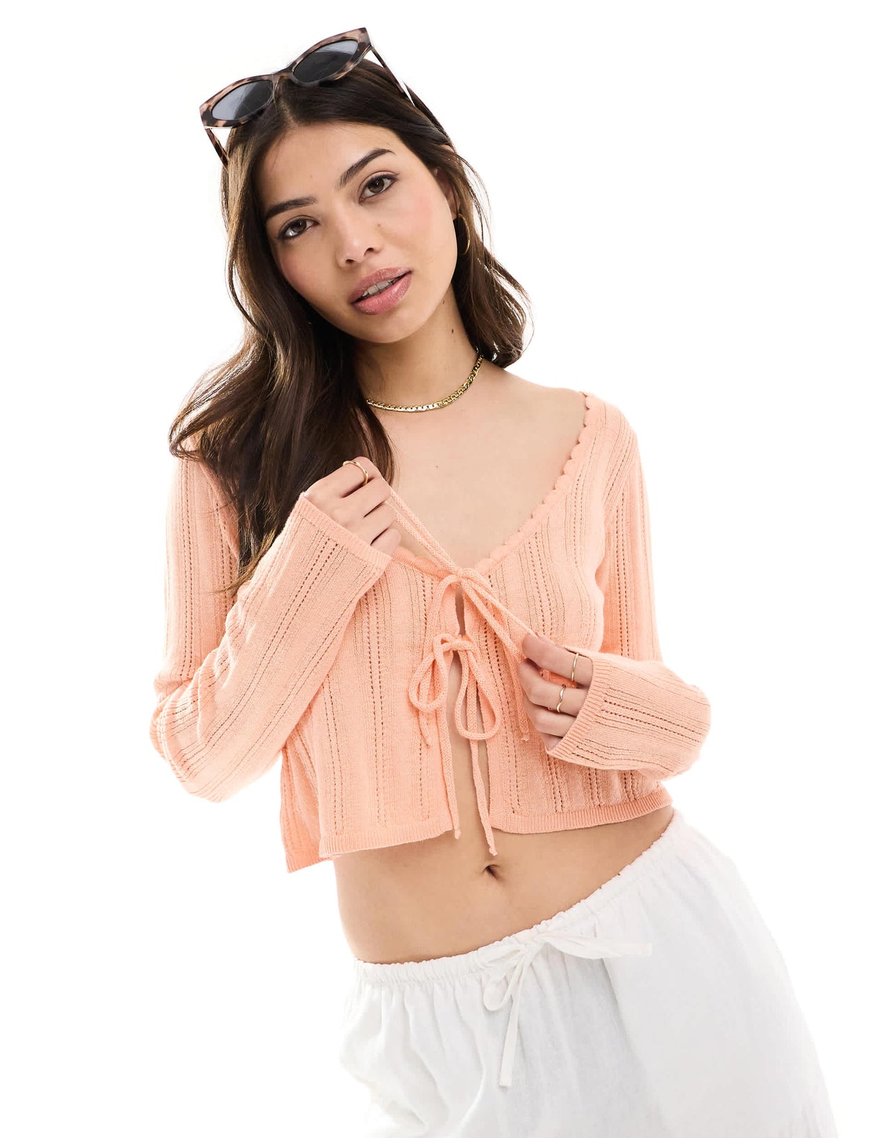 ASOS DESIGN tie front pointelle crop cardigan in peach