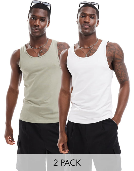 ASOS DESIGN essentials 2 pack muscle fit vests in khaki and grey