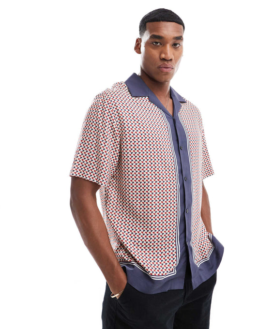 Selected oversized revere collar shirt with boarder print in navy