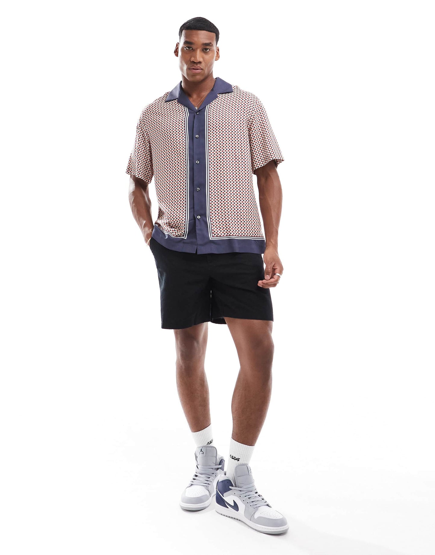 Selected oversized revere collar shirt with boarder print in navy