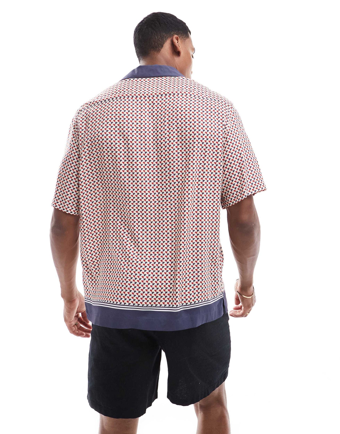 Selected oversized revere collar shirt with boarder print in navy