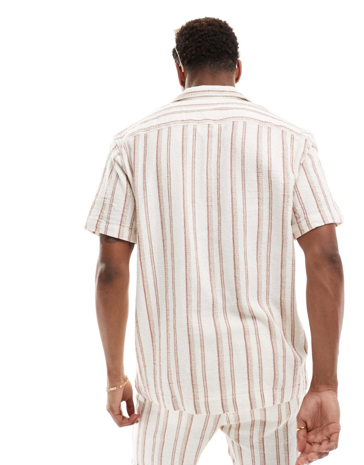 Selected co-ord oversized revere collar textured shirt in off white stripe