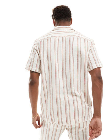 Selected co-ord oversized revere collar textured shirt in off white stripe