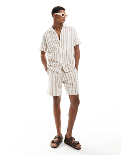 Selected co-ord oversized revere collar textured shirt in off white stripe