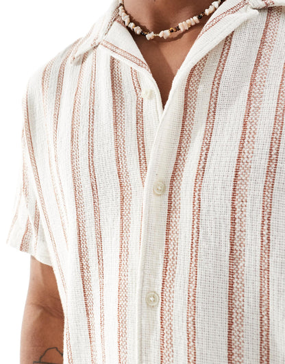 Selected co-ord oversized revere collar textured shirt in off white stripe