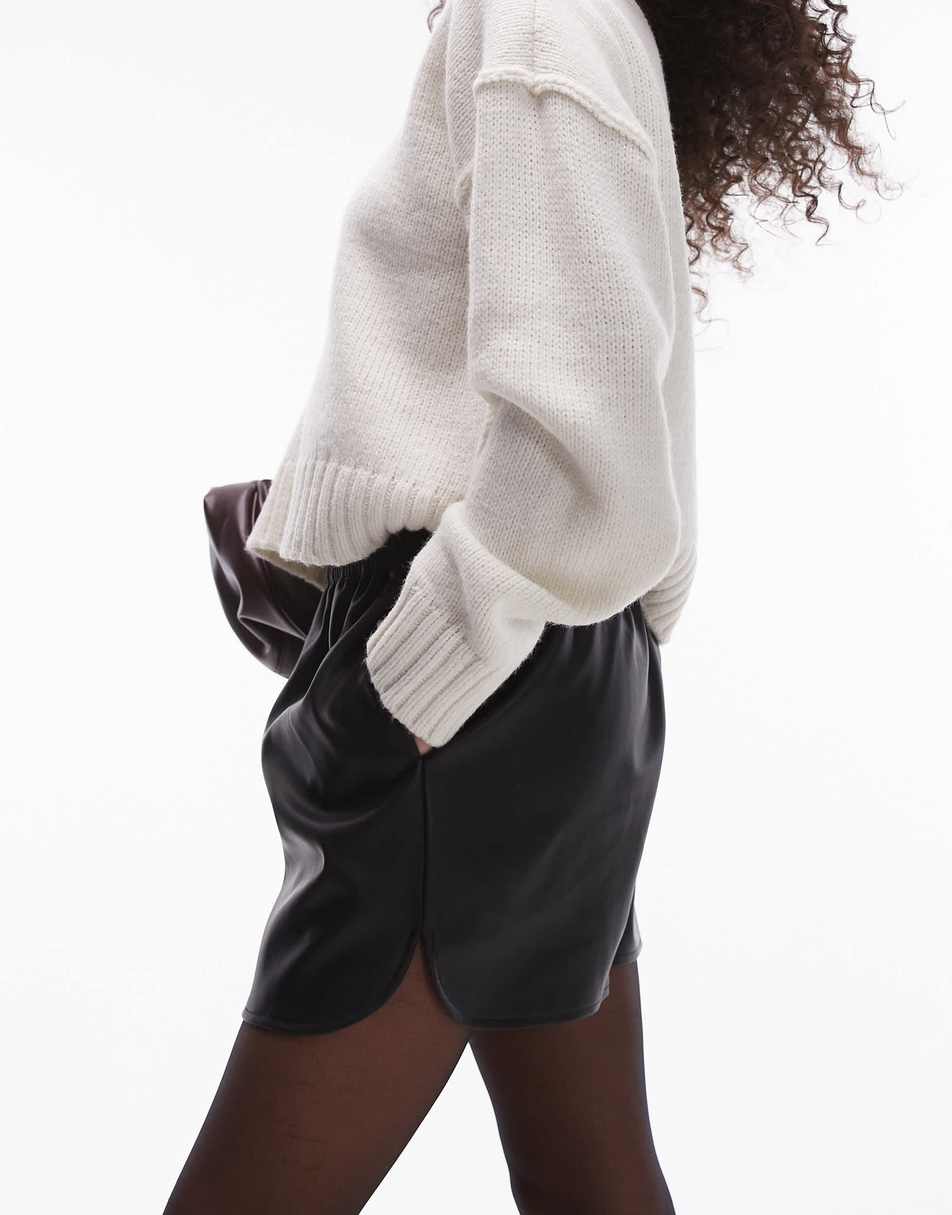 Topshop faux leather runner short in black