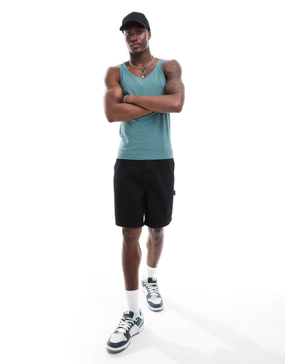 ASOS DESIGN essentials 2 pack muscle fit vests in stone and mid green