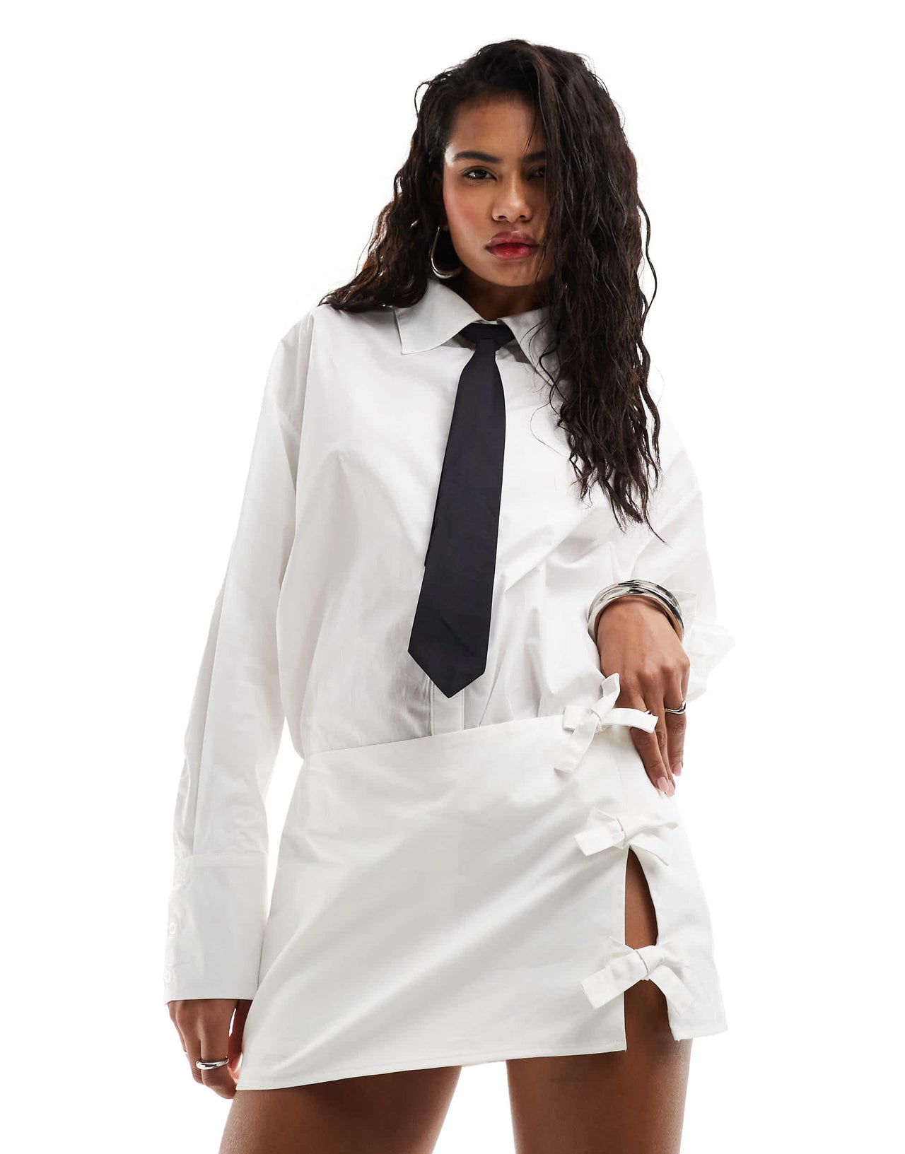 Lioness bow side cut out ultra mini skirt co-ord in white