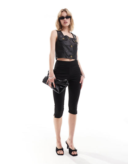 Lioness leather look square neck button through top in black