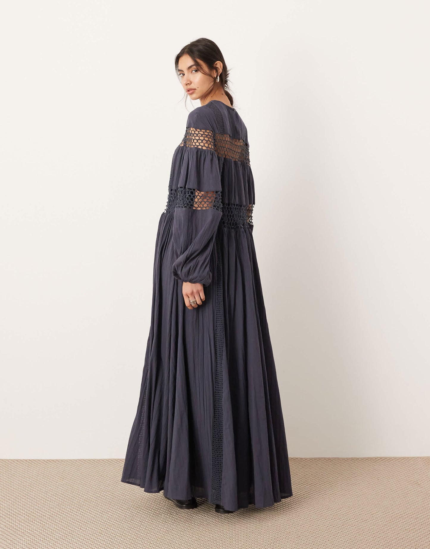 ASOS EDITION crochet trim drop waist blouson sleeve trapeze maxi dress in charcoal