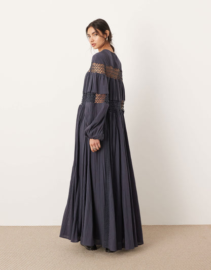 ASOS EDITION crochet trim drop waist blouson sleeve trapeze maxi dress in charcoal