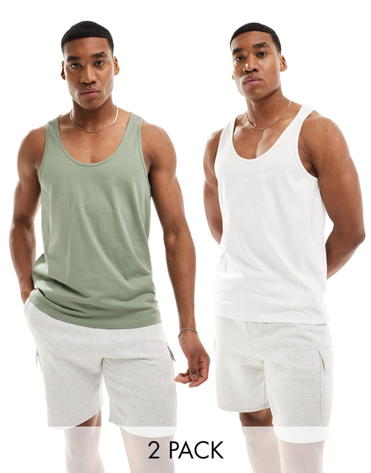 ASOS DESIGN essentials 2 pack vests in white and mid green