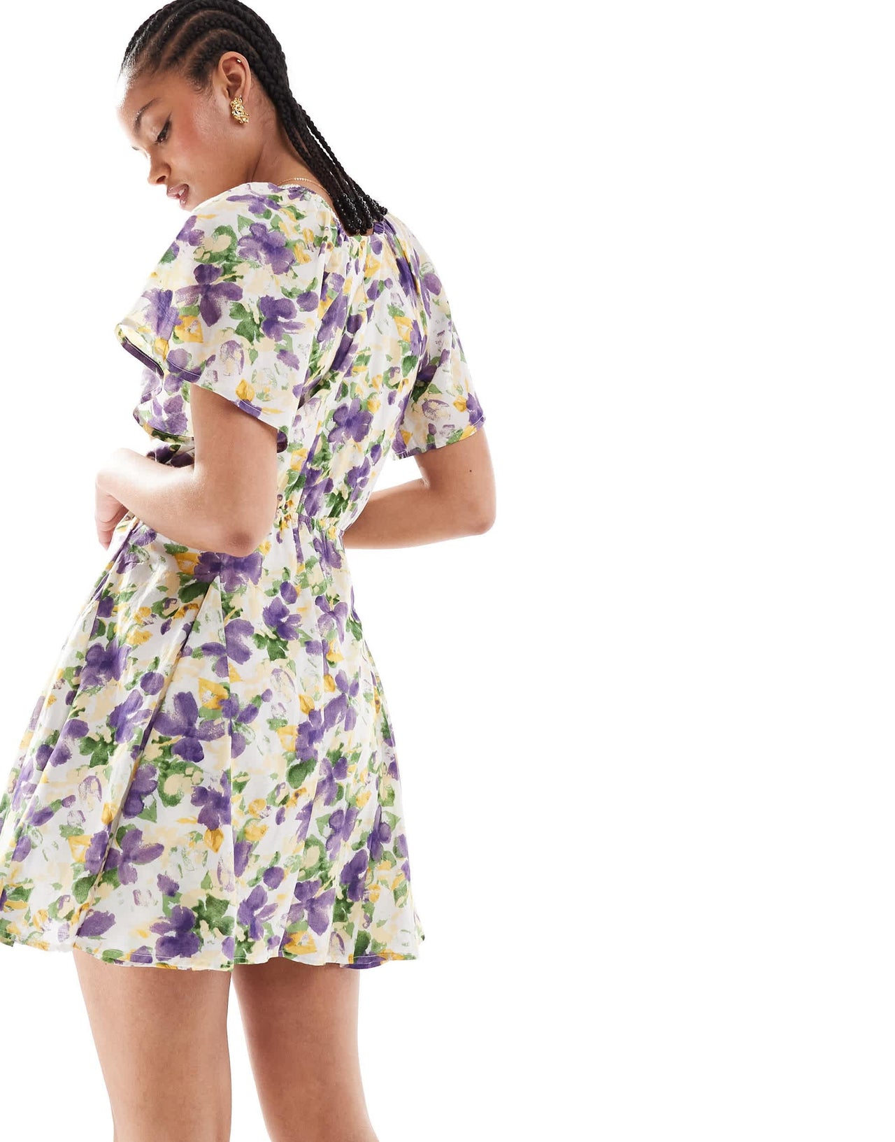 ASOS DESIGN Tall mini cut out dress with godet skirt in lilac floral