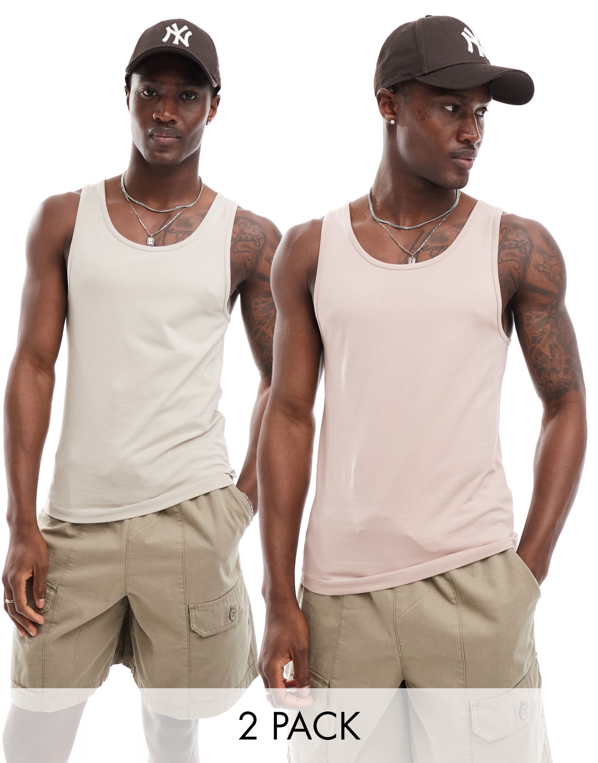 ASOS DESIGN essentials 2 pack muscle fit vests in pink and stone