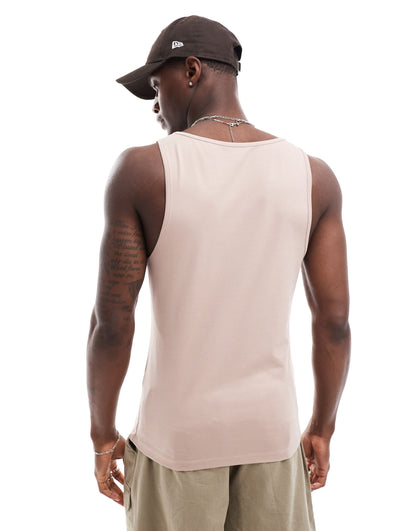 ASOS DESIGN essentials 2 pack muscle fit vests in pink and stone