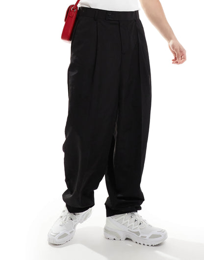 ASOS DESIGN smart relaxed barrel leg trousers in black with half elasticated waist