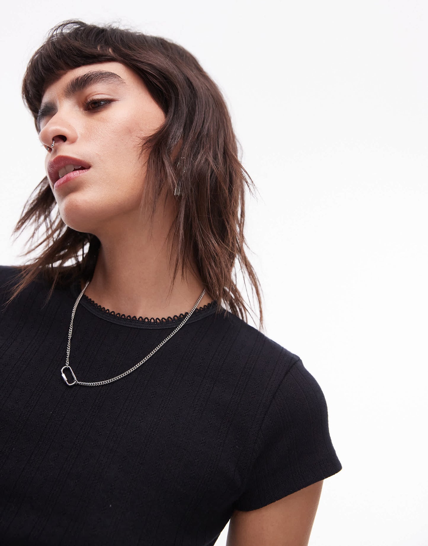 Topshop lace pointelle longline tee in black